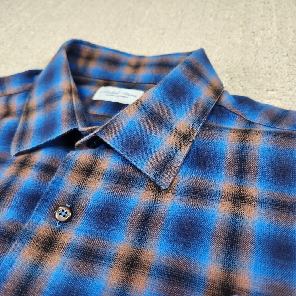 Michael Thomas Shirt Men Large Custom Flannel USA Made‎ Cotton Blue Plaid